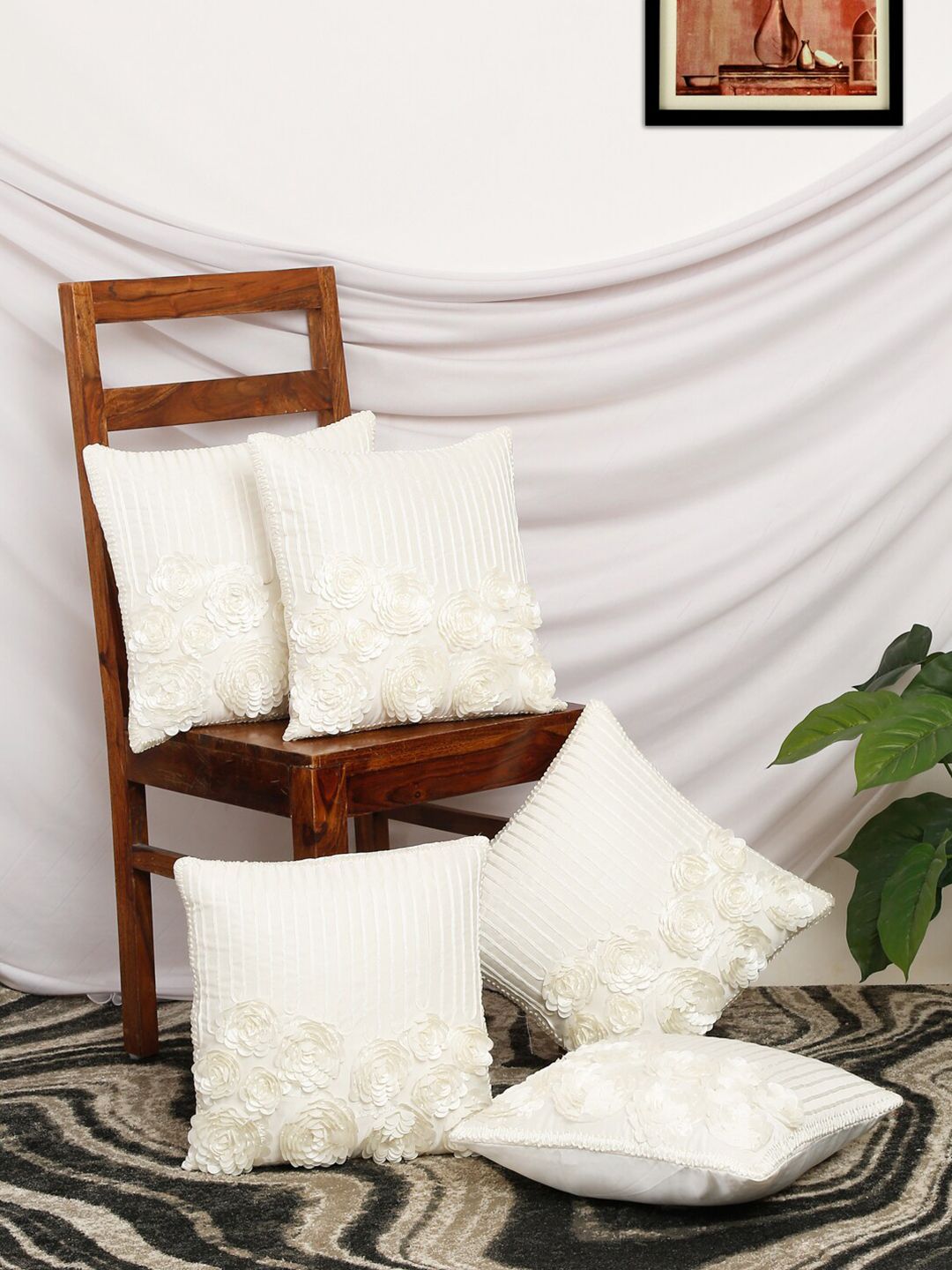 MULTITEX Set of 5 Floral Applique Velvet Square Cushion Covers Price in India