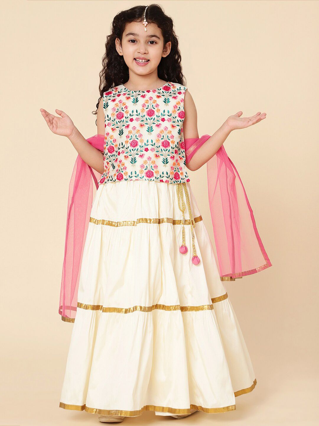 A T U N Girls Cream-Coloured & Pink Embroidered Ready to Wear Lehenga & Blouse With Dupatta Price in India