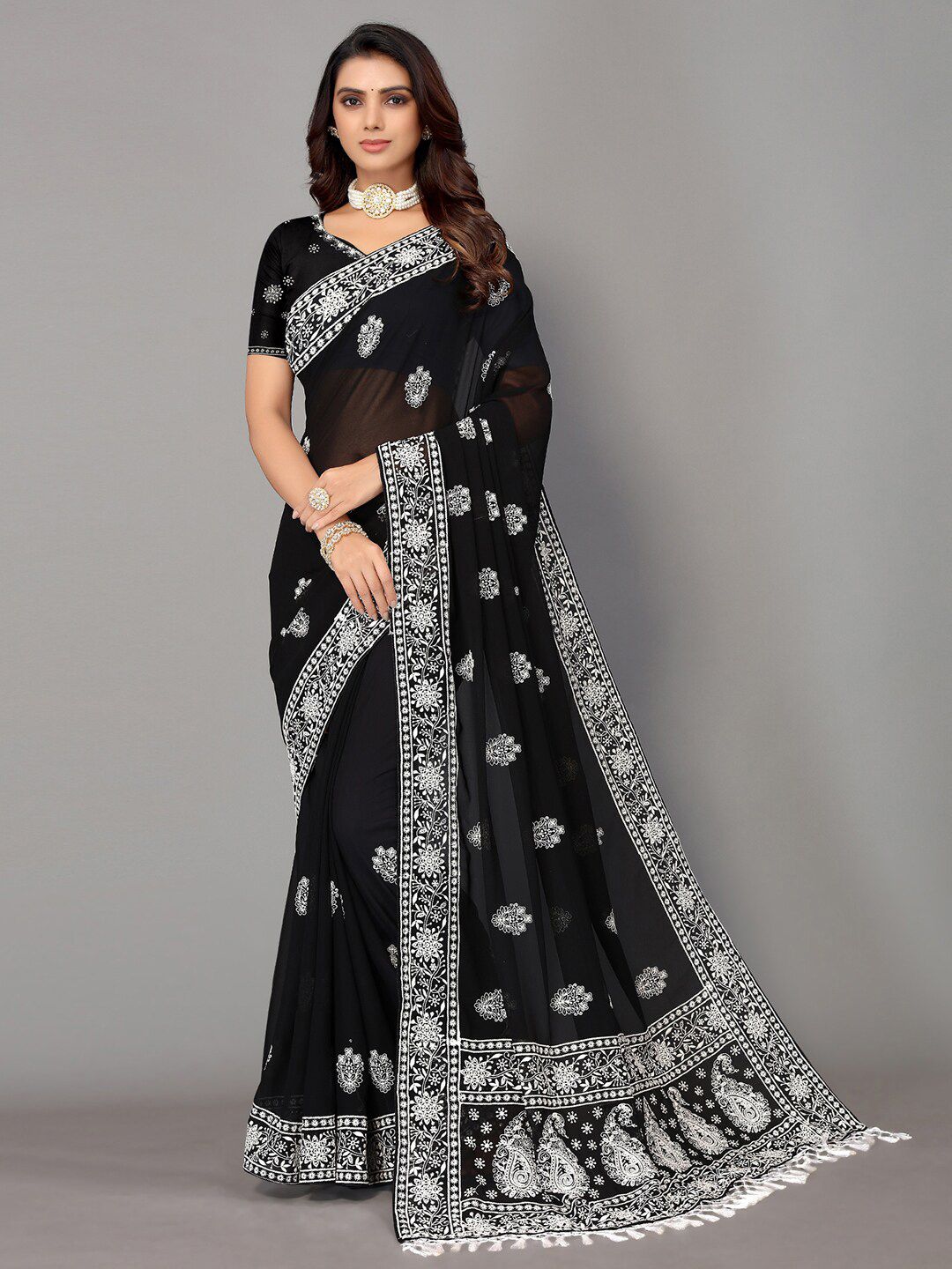 HRITIKA Black & Silver-Toned Floral Chikankari Pure Georgette Saree Price in India