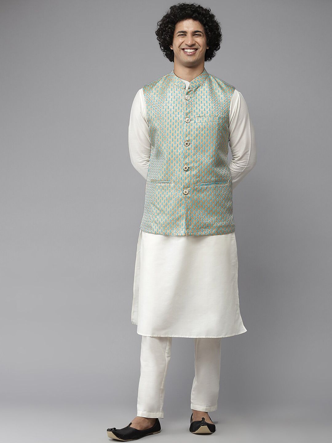 See Designs Men Sea Green Woven Design Nehru Jacket