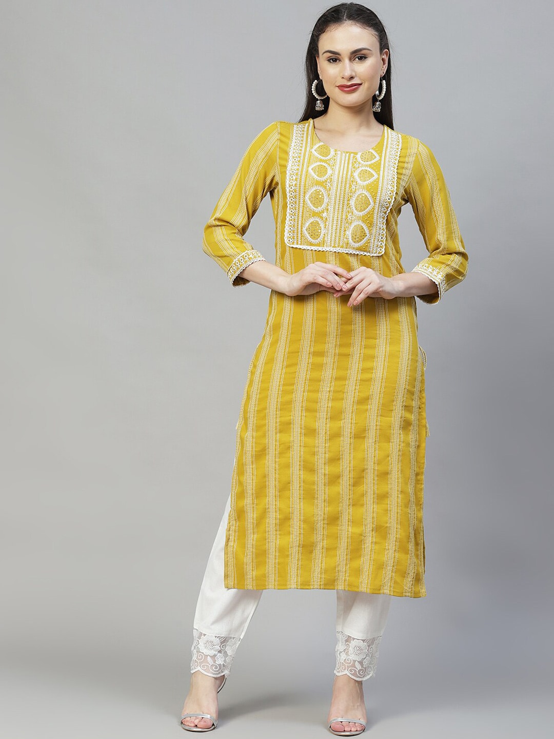 FASHOR Women Mustard Yellow Geometric Yoke Design Kurta Price in India
