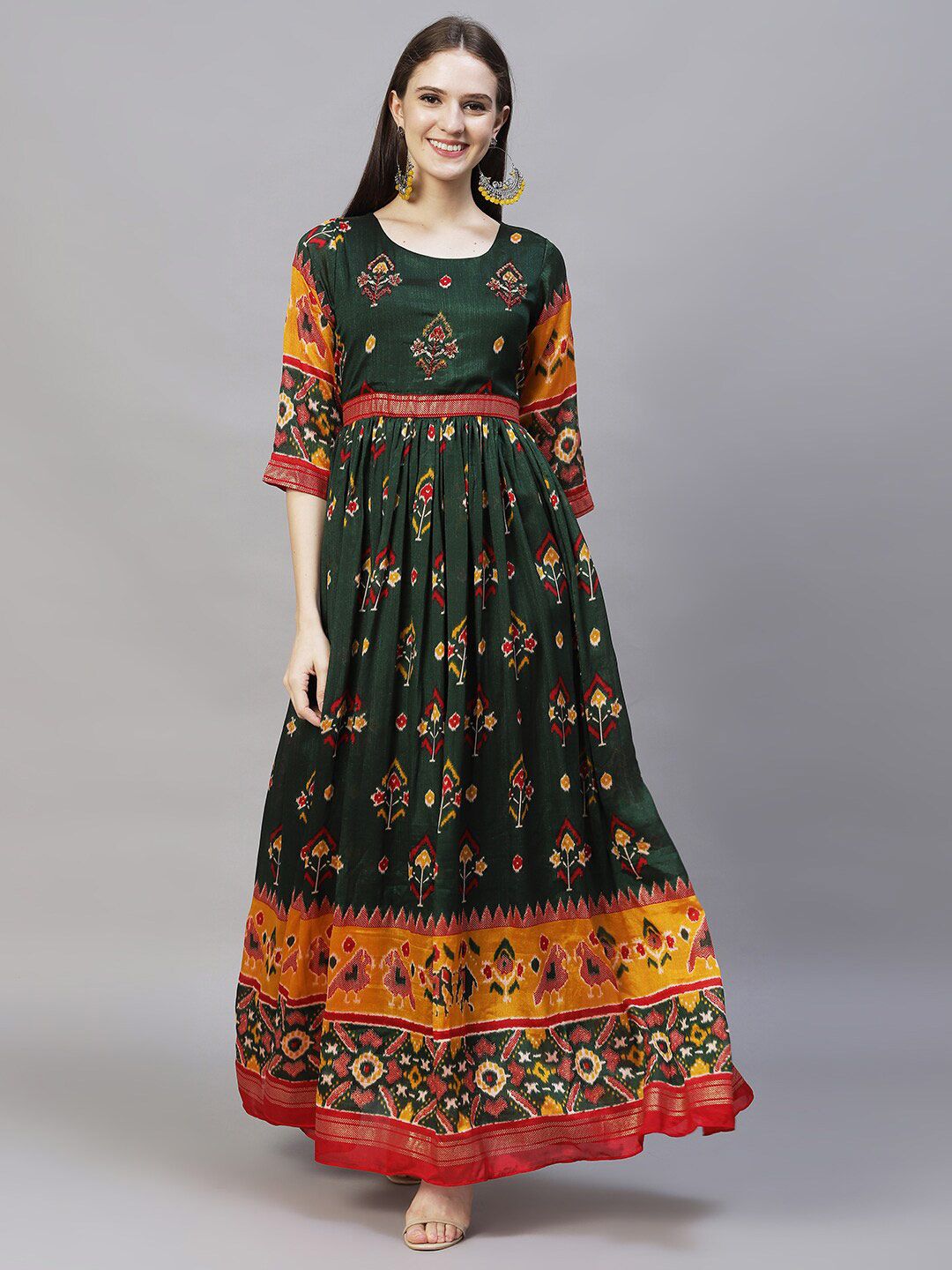 FASHOR Women Green Ethnic Motifs Chiffon Hand Embroidered Maxi Dress Price in India