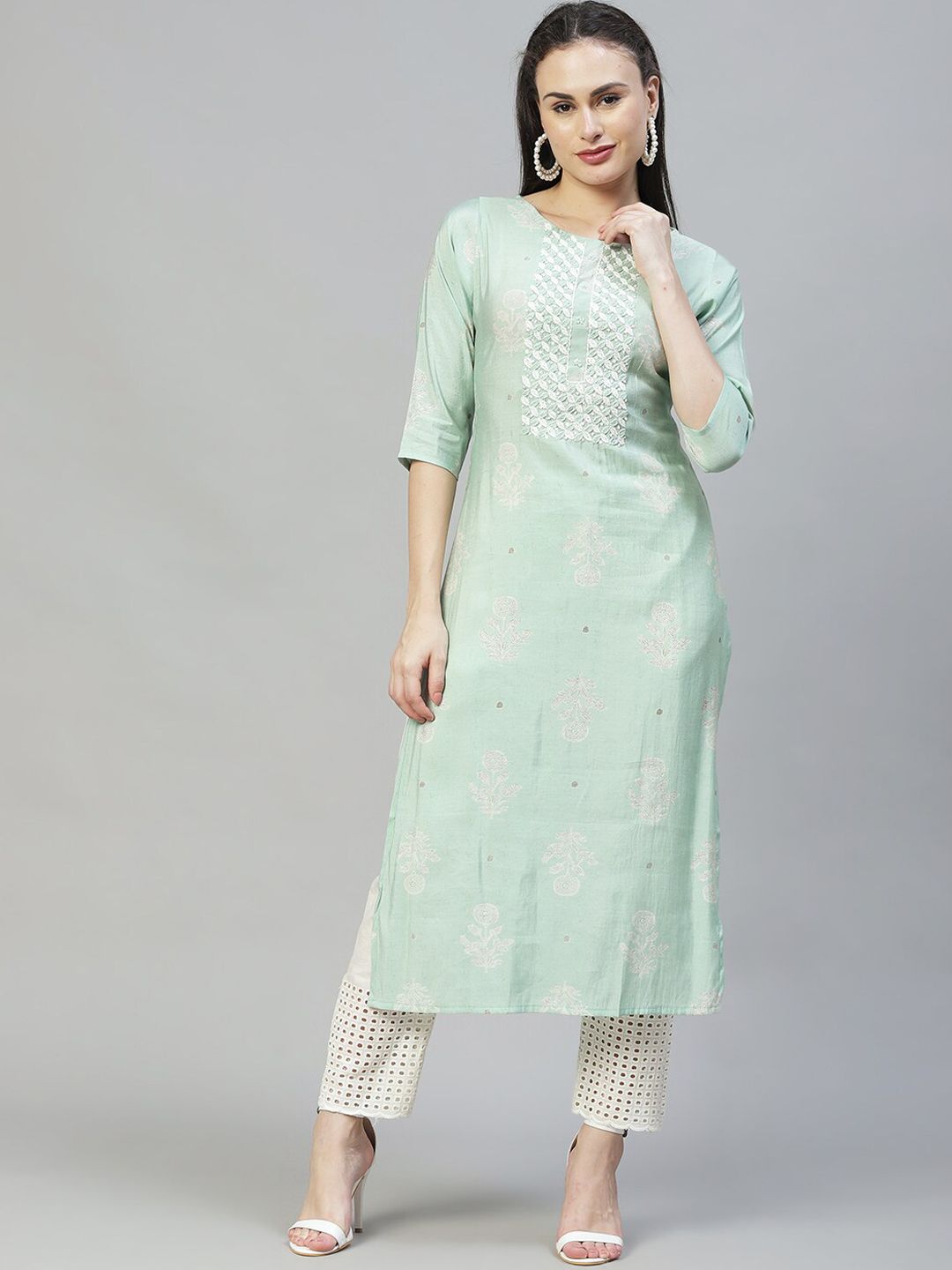 FASHOR Women Green & Off White Floral Yoke Design Embroidered Kurta Price in India