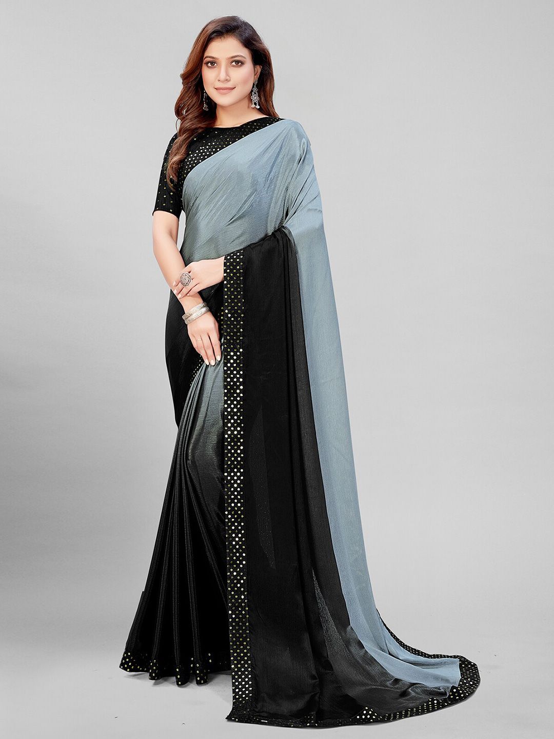 Granthva Fab Grey & Black Embellished Sequinned Silk Blend Saree Price in India