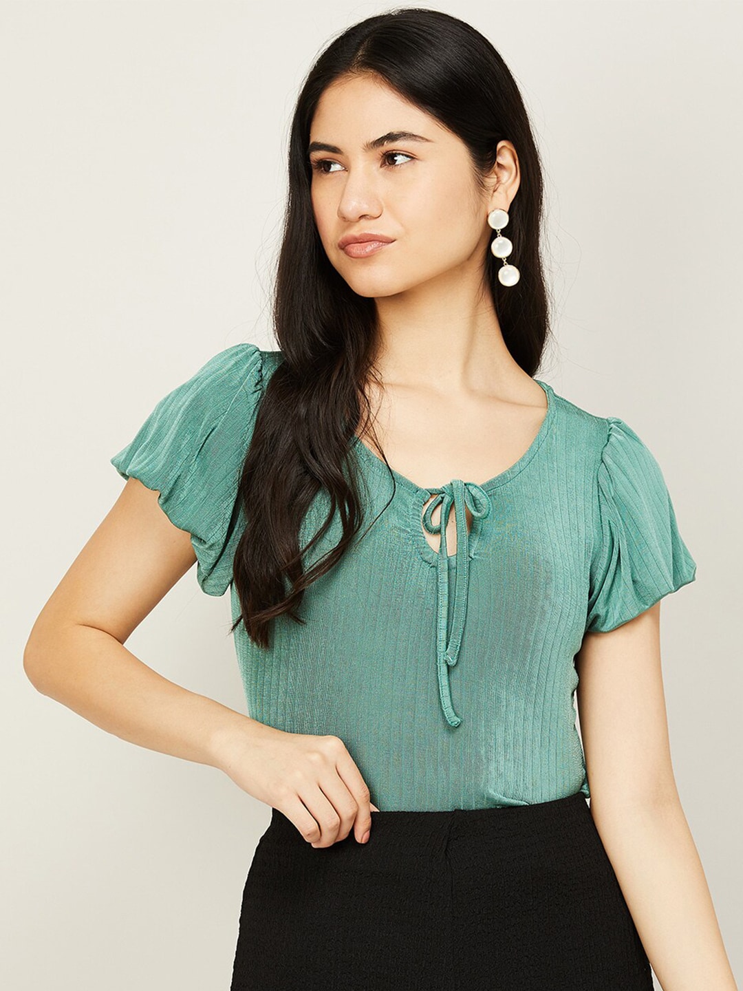 CODE by Lifestyle Green Tie-Up Neck Cotton Top Price in India