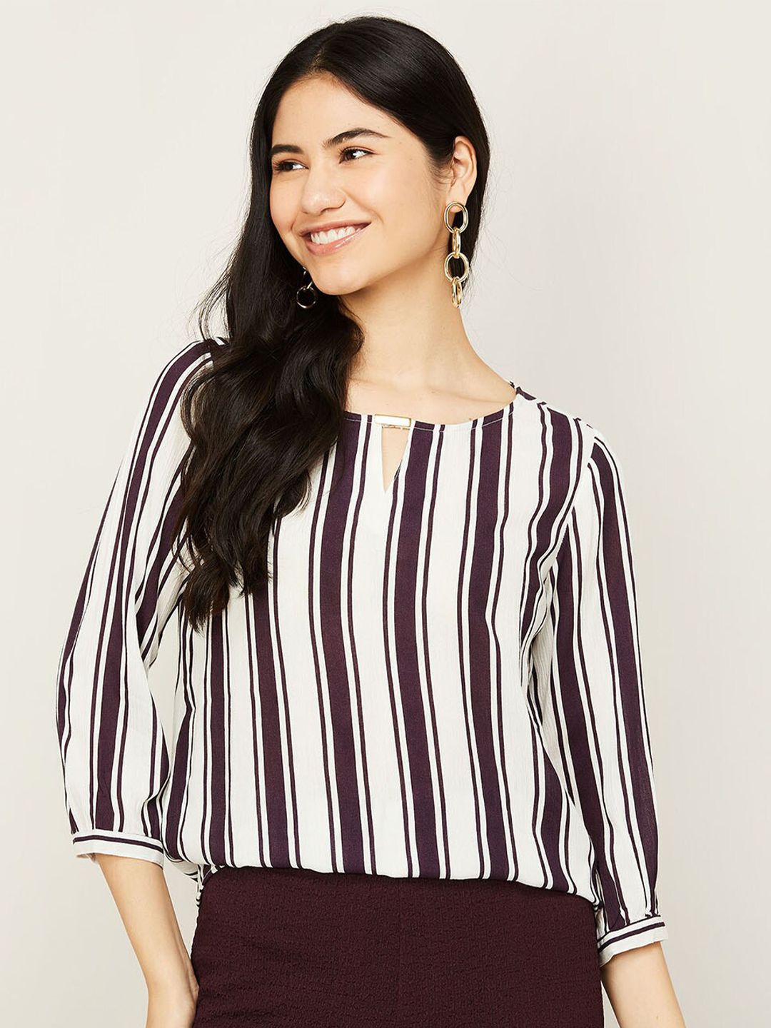 Fame Forever by Lifestyle Maroon & White Striped Top Price in India