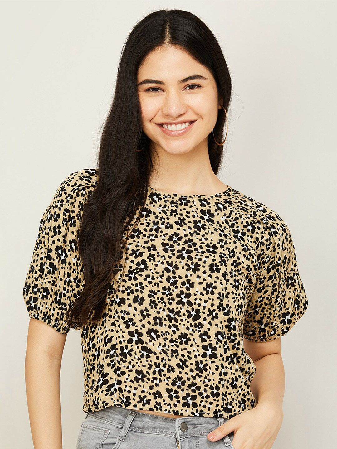 Ginger by Lifestyle Women Brown & Black Animal Print Crop Top Price in India