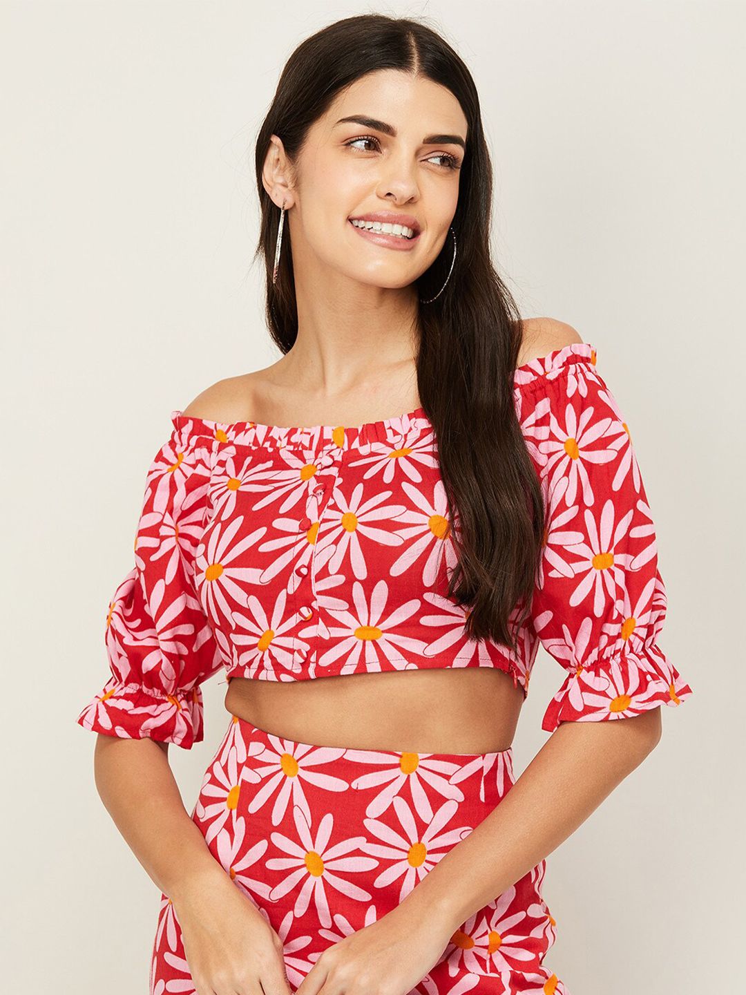 Ginger by Lifestyle Red Floral Print Off-Shoulder Pure Cotton Crop Top Price in India
