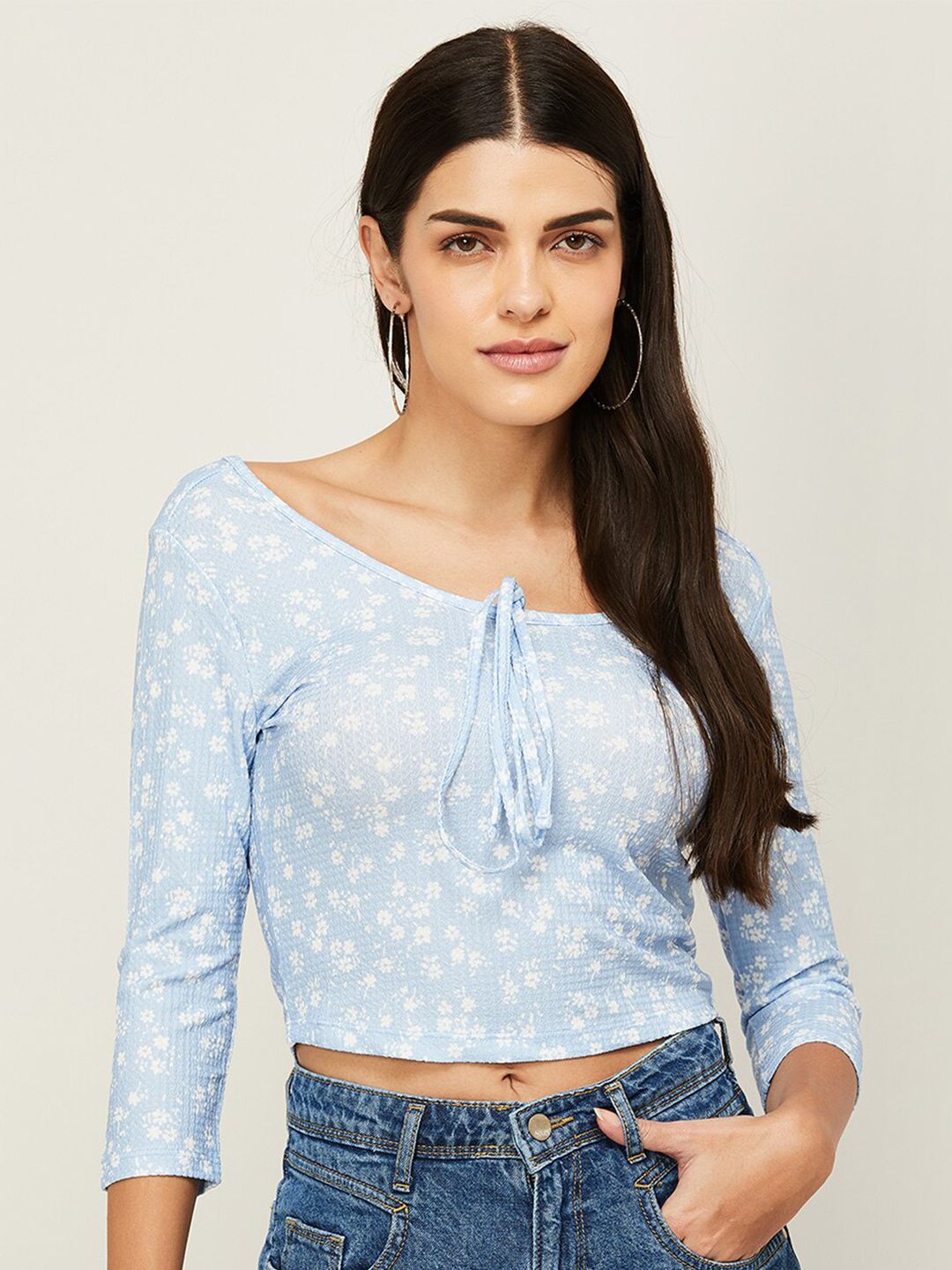 Ginger by Lifestyle Blue & White Floral Printed Crop Top Price in India