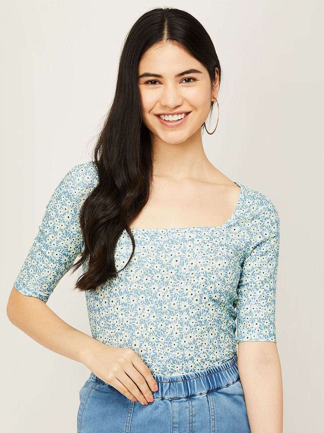 Ginger by Lifestyle Blue & White Floral Printed Crop Top Price in India