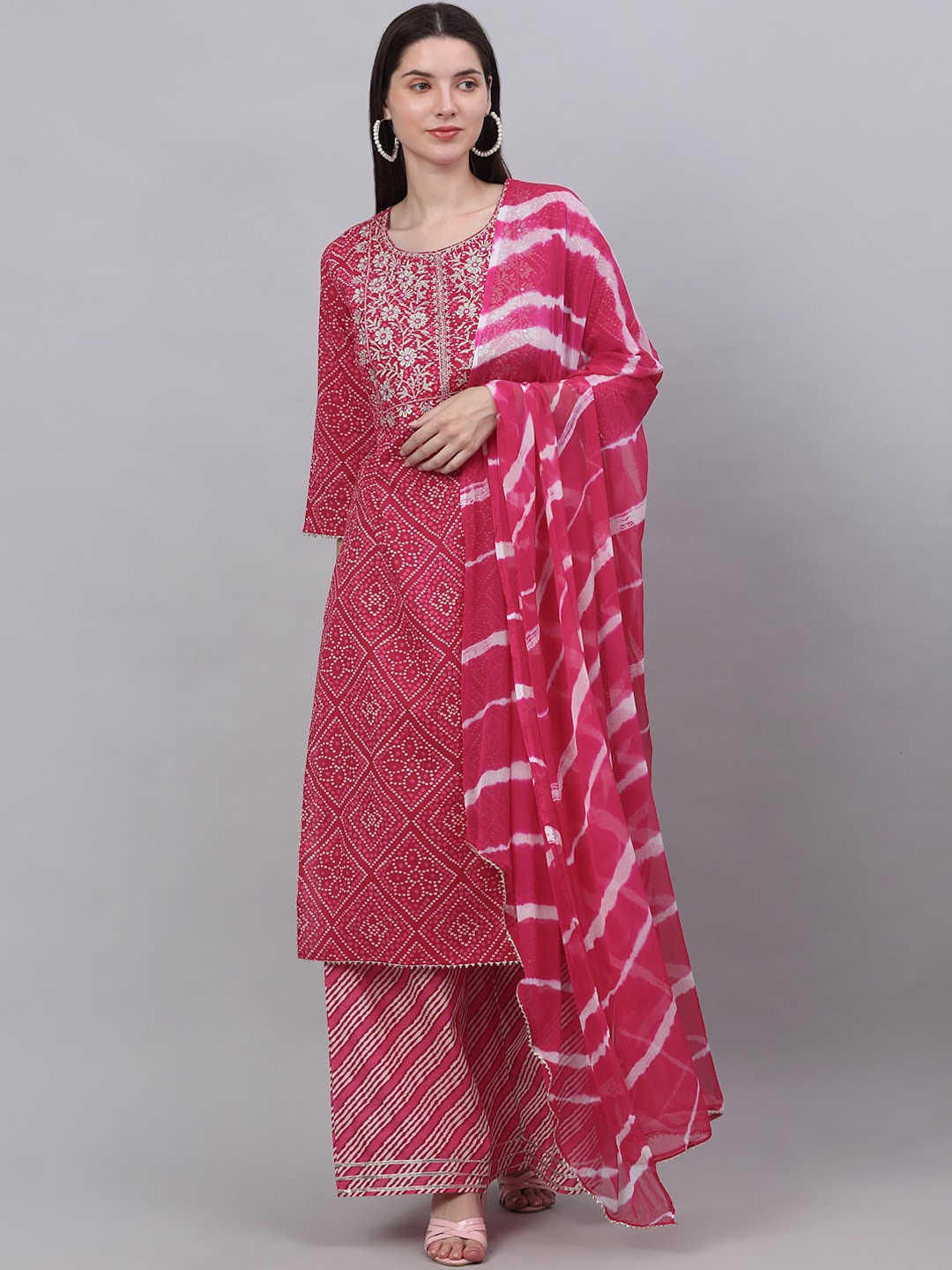KALINI Women Pink Bandhani Printed Thread Work Kurta with Palazzos & With Dupatta Price in India