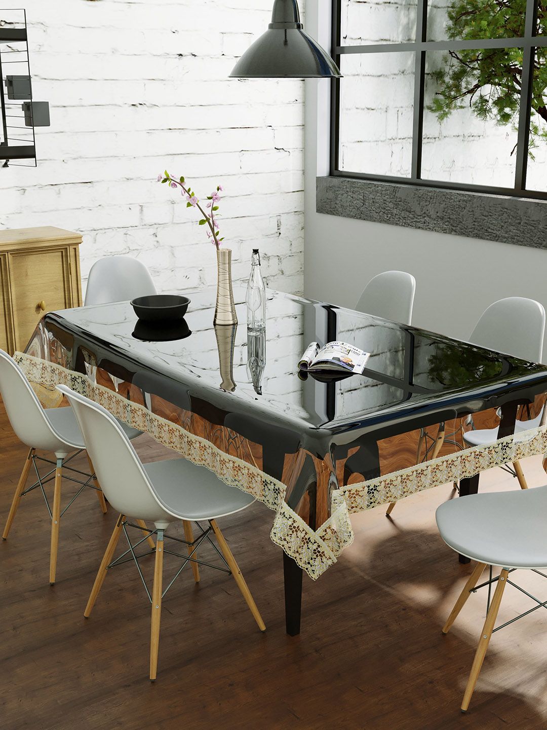 Clasiko Clasiko Transparent & Golden Border Solid Plastic 8-Seater Table Cover