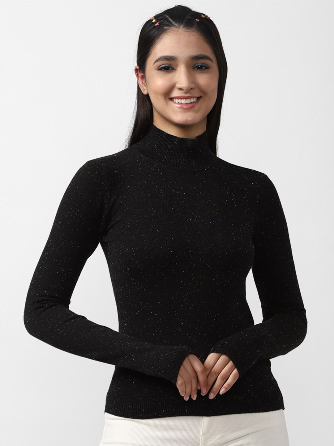 FOREVER 21 Black High Neck Pure Cotton Fitted Top Price in India