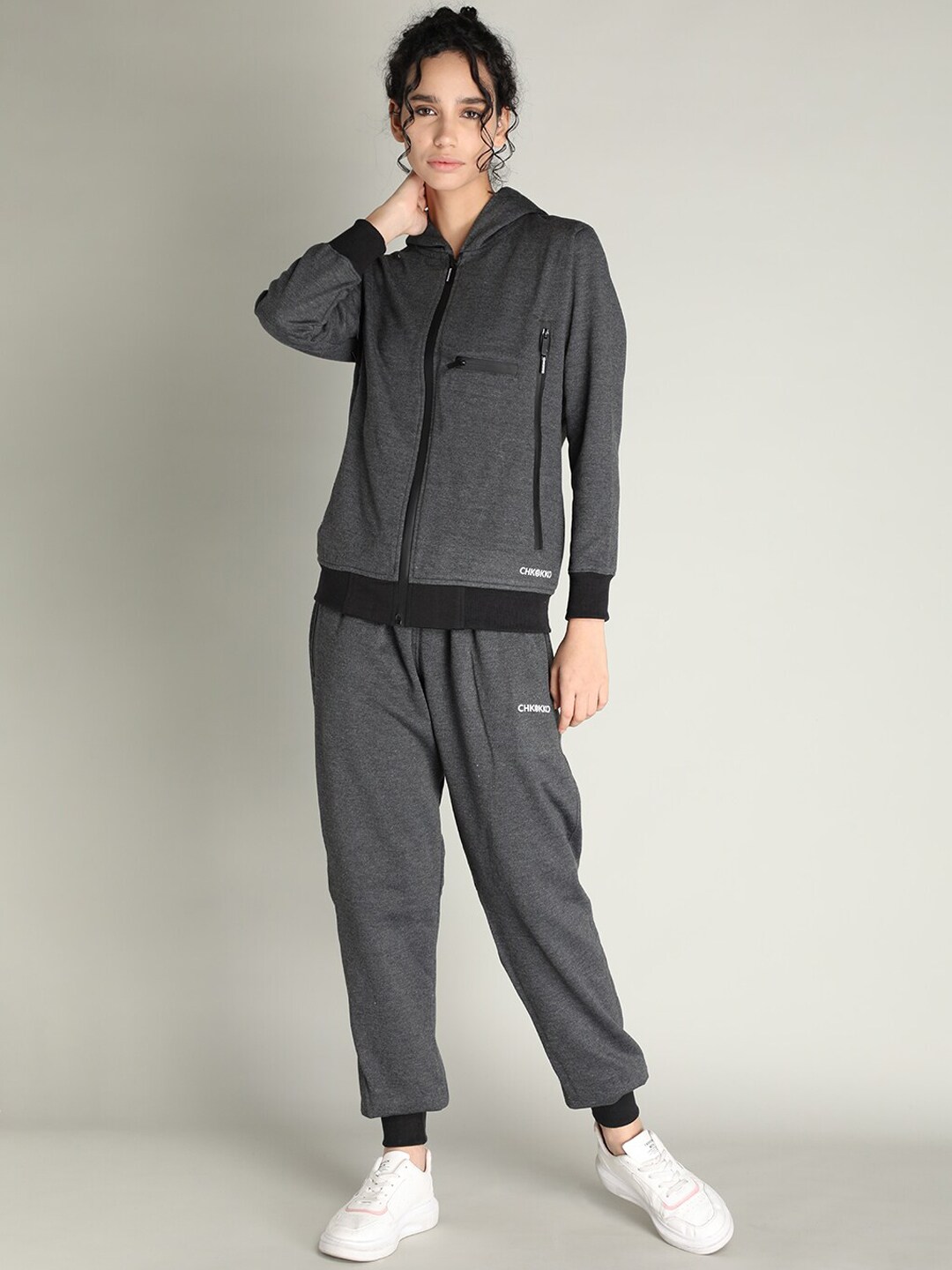 CHKOKKO Women Grey Solid Regular Fit Tracksuits Price in India