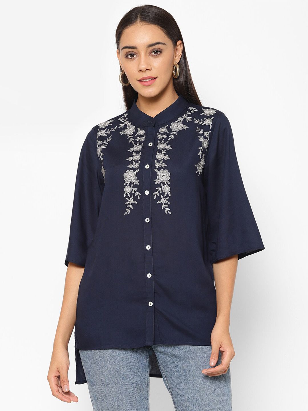 HOUSE OF KKARMA Navy Blue Floral Embroidered Mandarin Collar Shirt Style Top Price in India