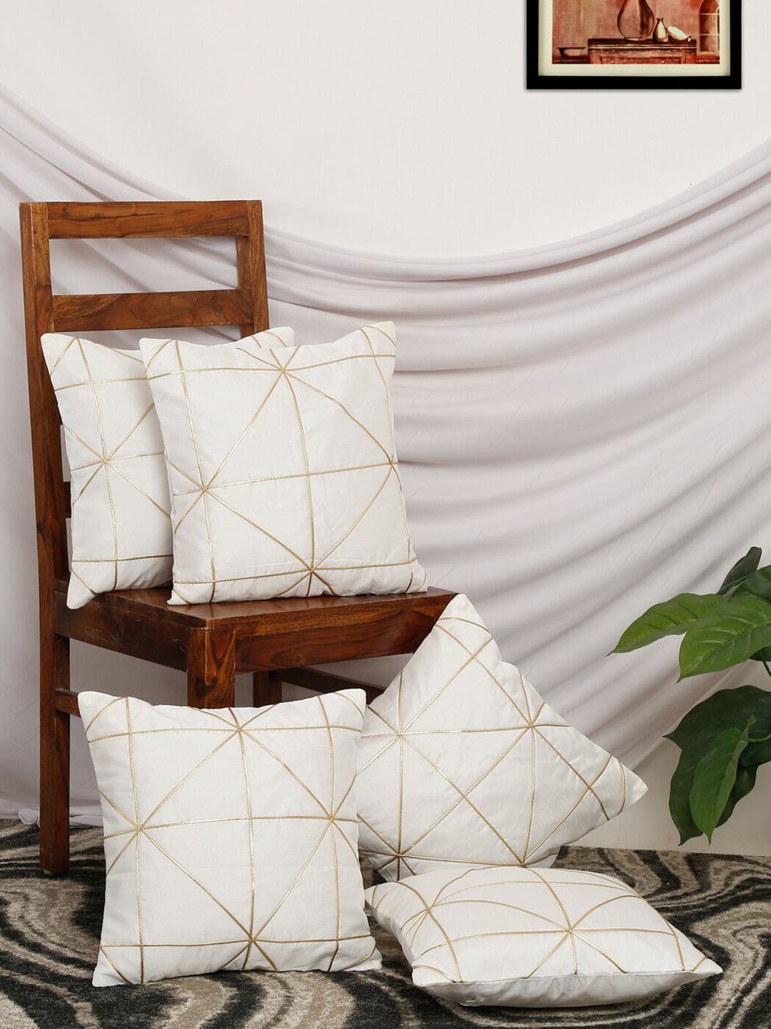 MULTITEX White & Gold-Toned Set of 5 Geometric Velvet Square Cushion Covers Price in India