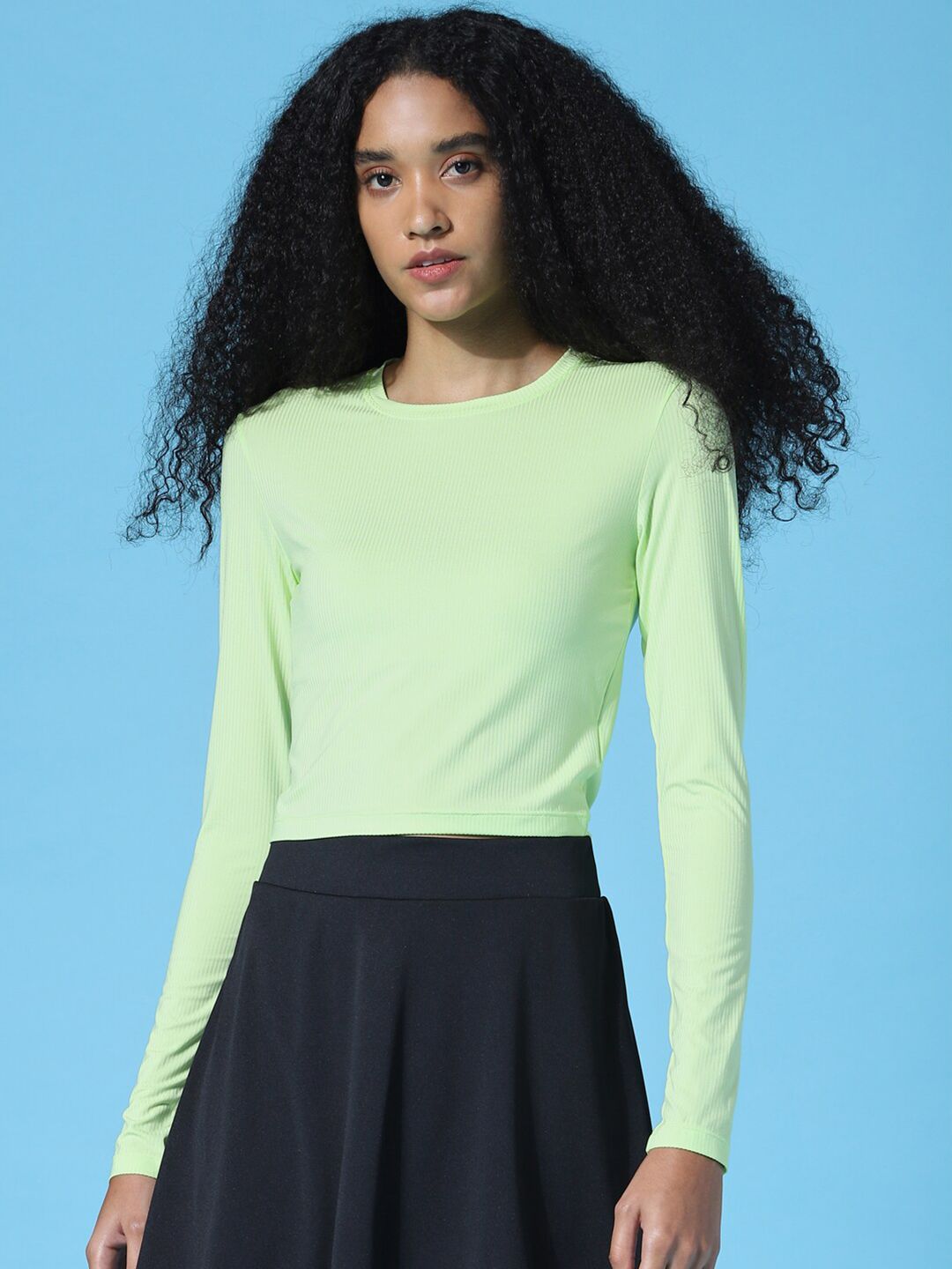 ONLY Women Green Solid Round Neck Long Sleeves Crop Top Price in India