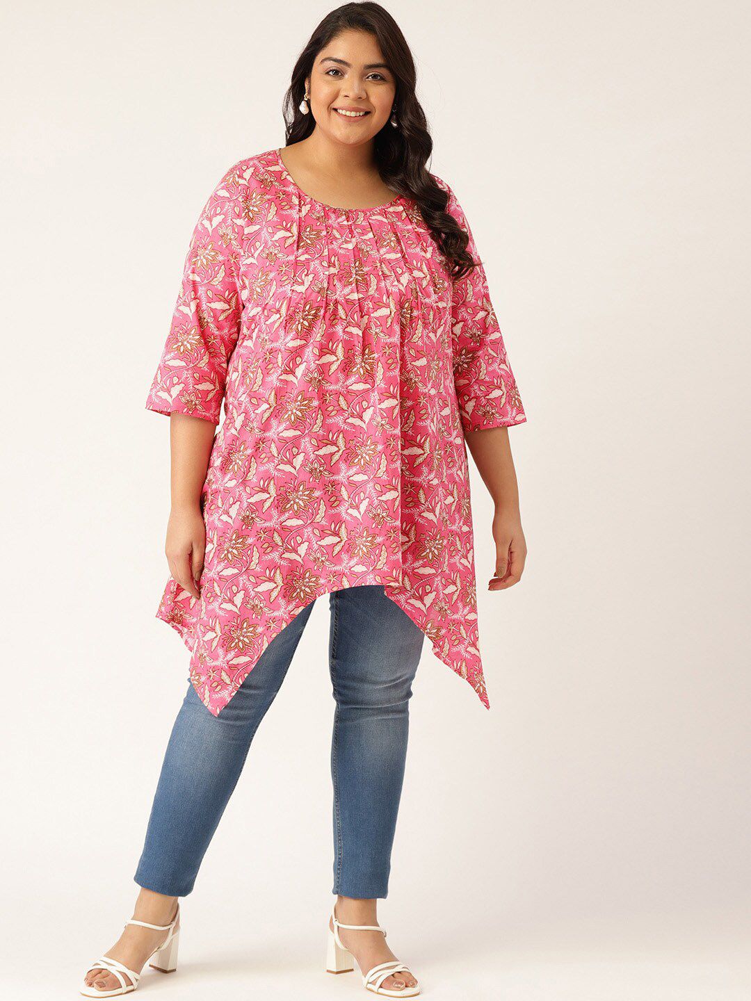theRebelinme Fuchsia Floral Print High-Low Longline Top Price in India