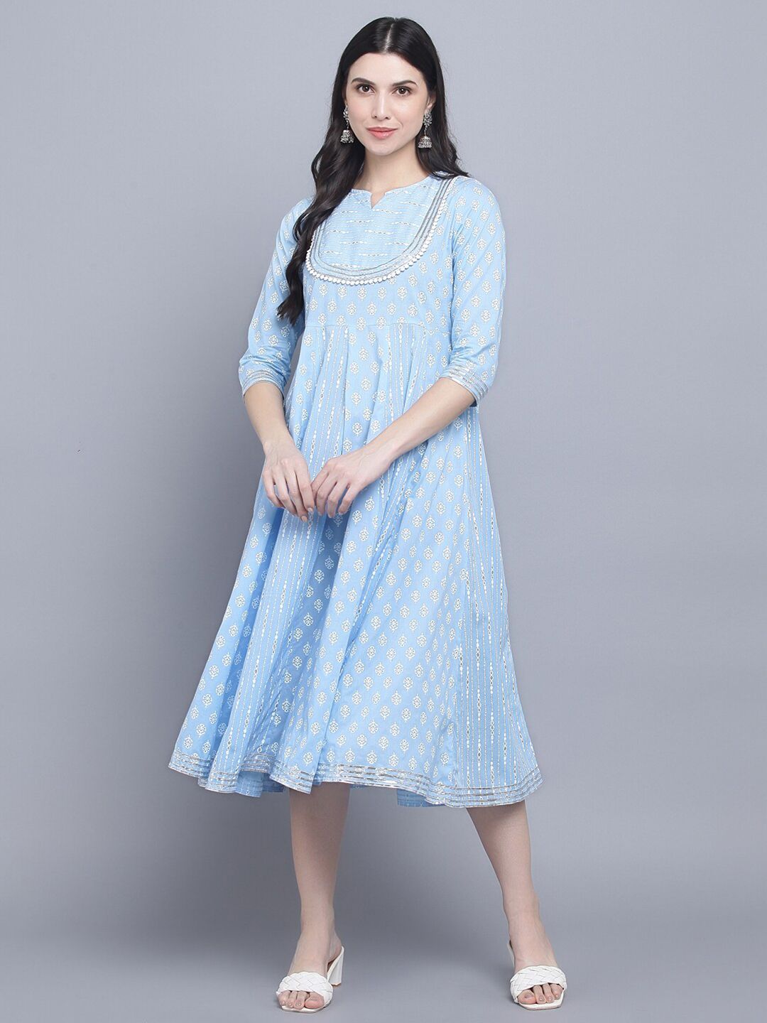 Myshka Blue Printed Cotton Midi Dress Price in India