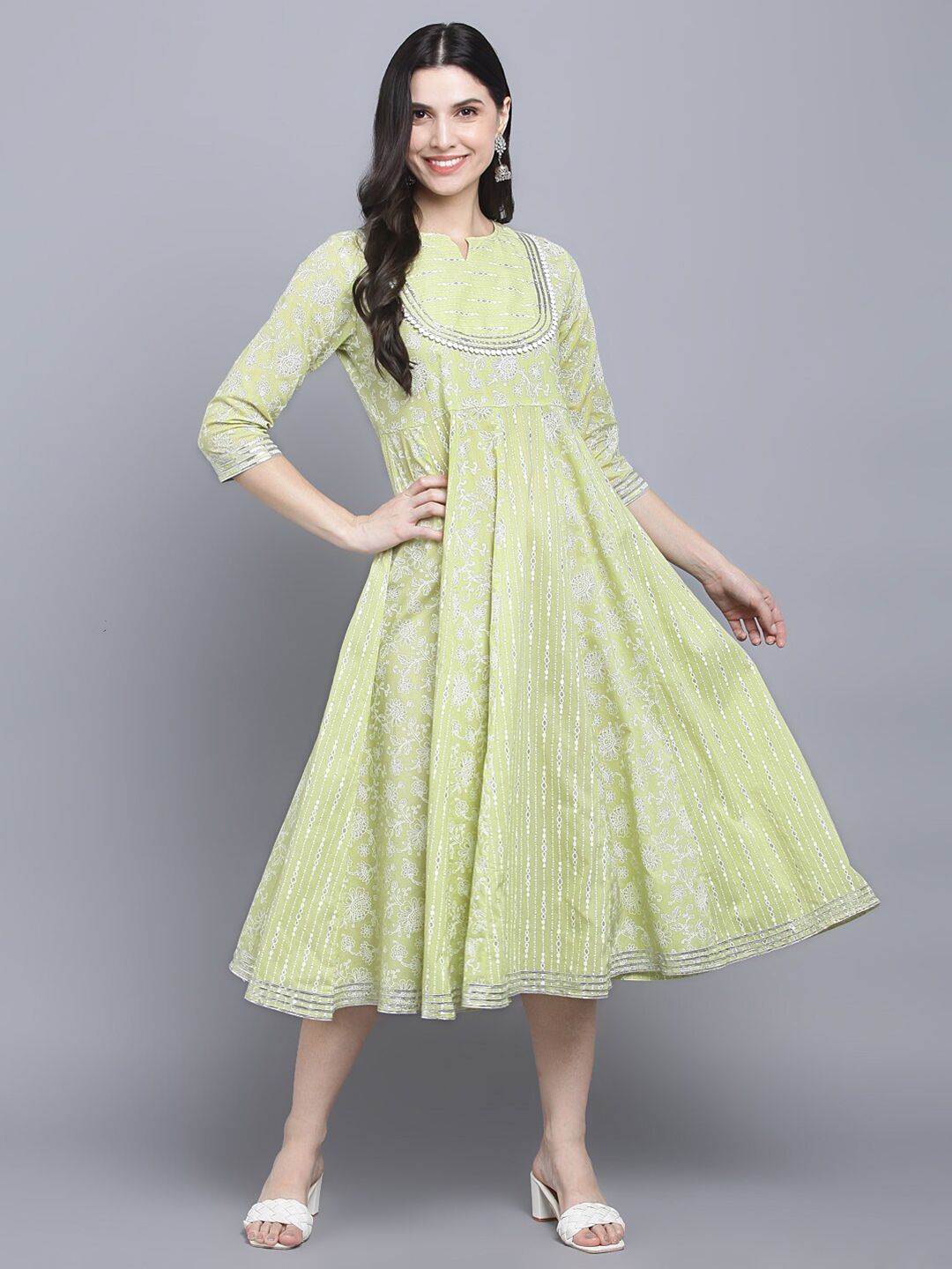 Myshka Green Printed Cotton Midi Dress Price in India