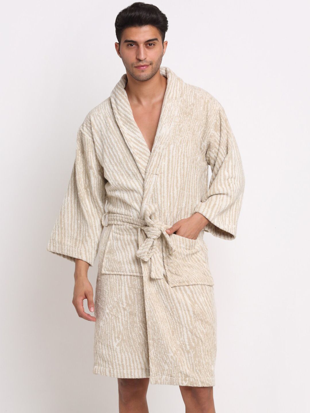Creeva Cream-Coloured & Beige Striped Bath Robe