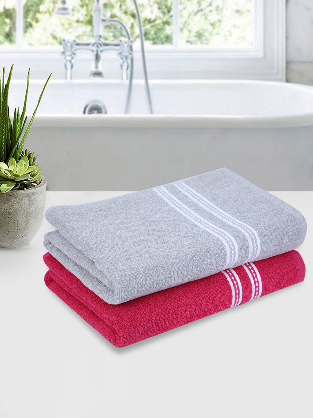 ROMEE Set Of 2 Pink & Silver Solid 500 GSM Cotton Bath Towels Price in India
