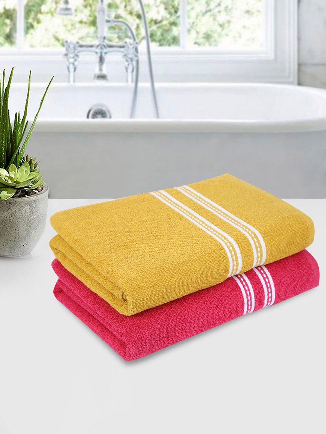 ROMEE Set Of 2 Solid Pink & Yellow Cotton 500 GSM Bath Towels Price in India