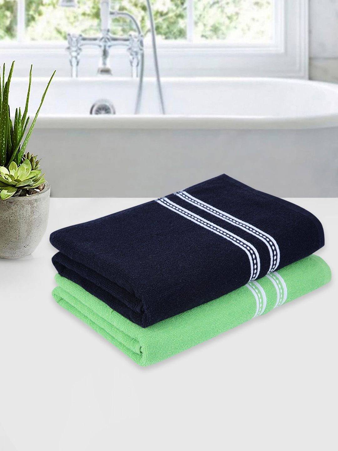 ROMEE Set Of 2 Green & Blue Solid Cotton 500 GSM Bath Towels Price in India
