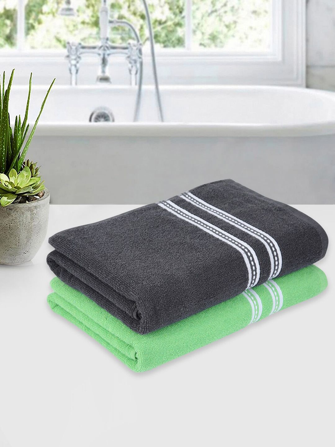 ROMEE  Set Of 2 Grey & Green Solid 500 GSM Cotton Bath Towels Price in India
