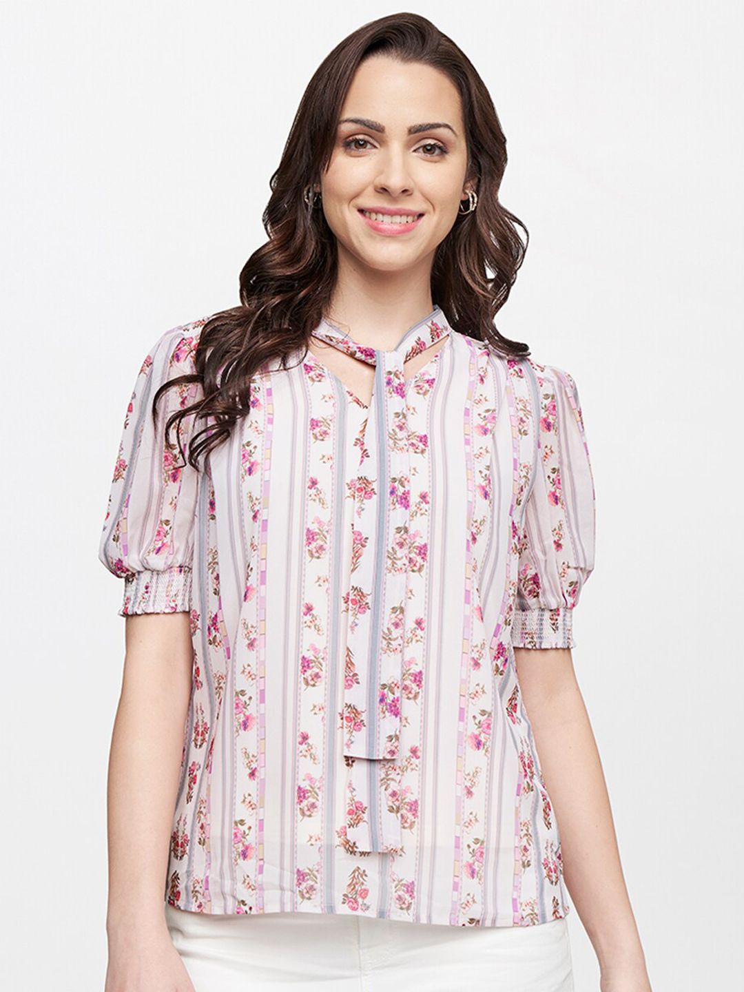 AND Women Beige & Peach Coloured Floral Print Tie-Up Neck Shirt Style Top Price in India