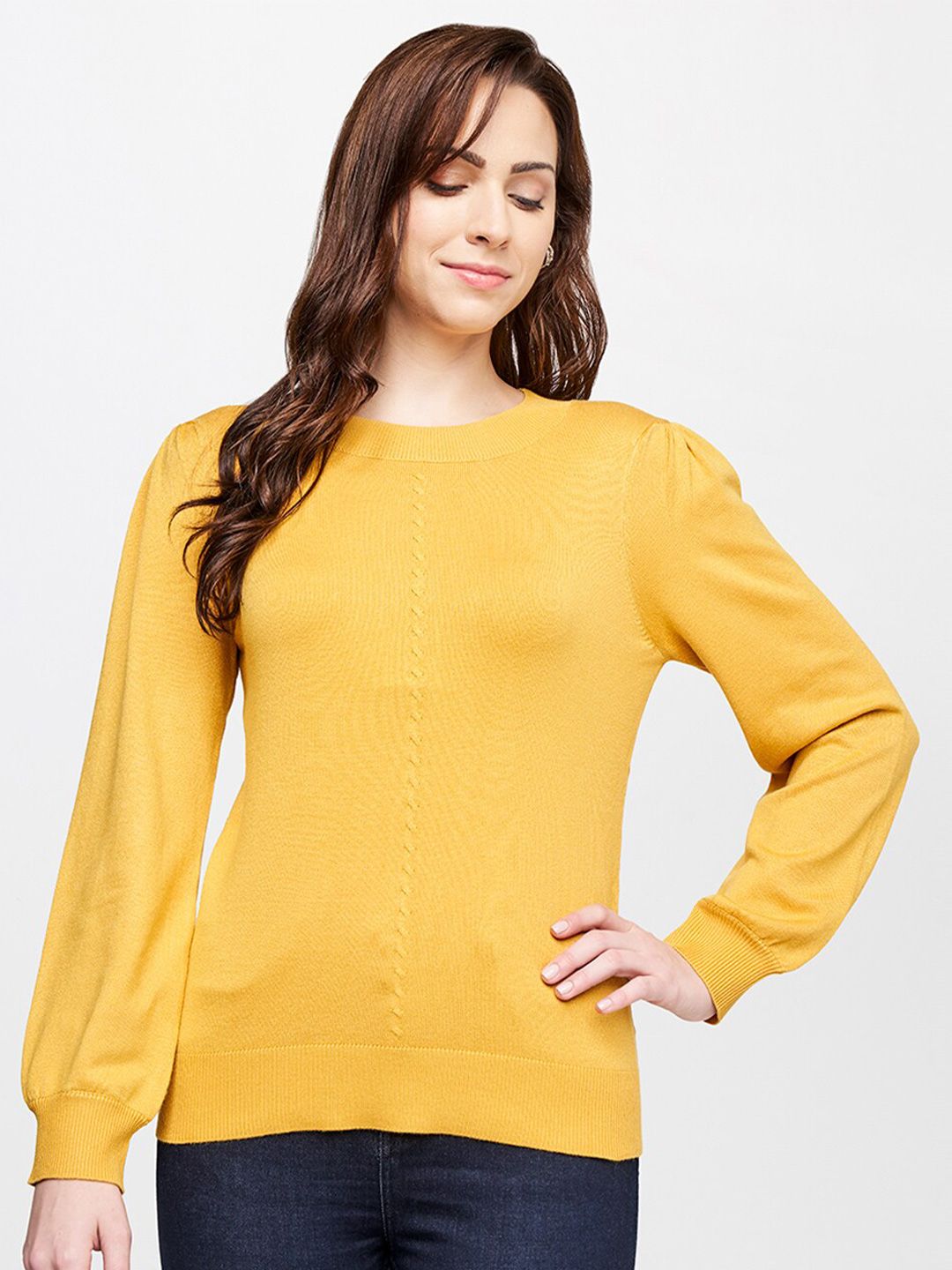 AND Women Yellow Solid Round Neck Cuffed Sleeves Top Price in India