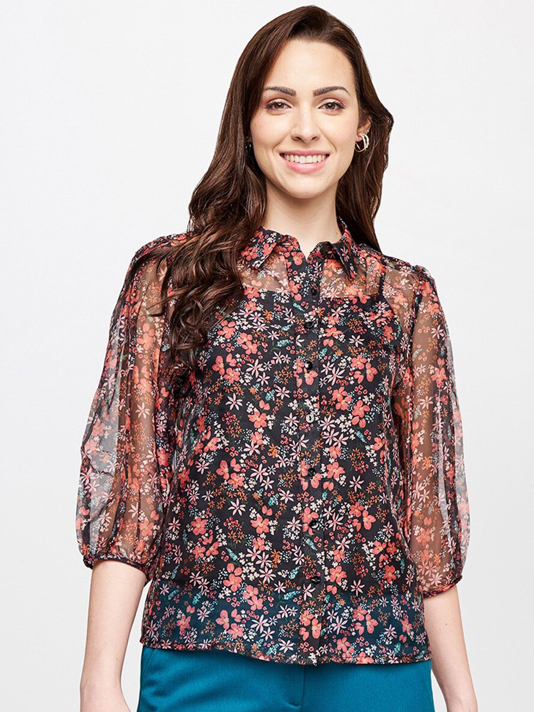 AND Women Black & Peach Coloured Floral Print Shirt Style Top Price in India