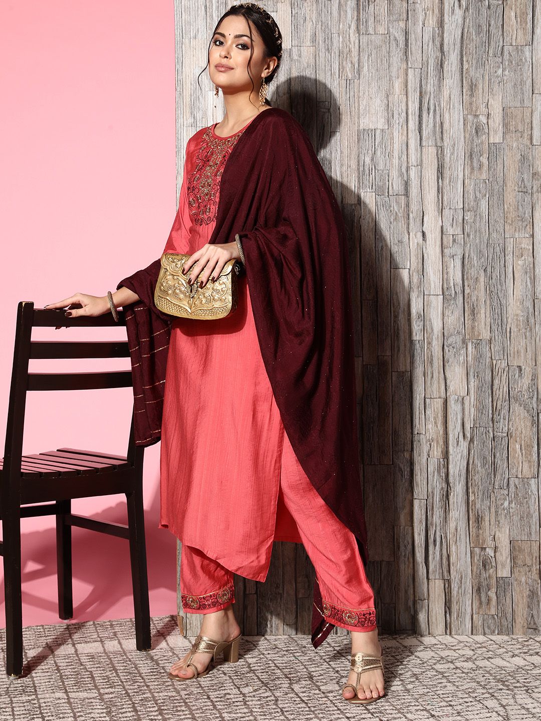 SheWill Women Peach-Coloured Ethnic Motifs Yoke Design Sequinned Kurta with Trousers & With Dupatta Price in India
