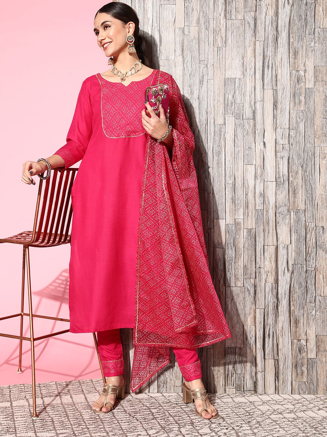 SheWill Women Pink Ethnic Motifs Yoke Design Gotta Patti Kurta with Trousers & With Dupatta Price in India