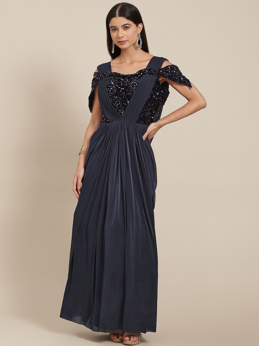 Mitera Navy Blue Sequinned Maxi Ethnic Fit & Flare Dress with Draped Criss-Cross Price in India
