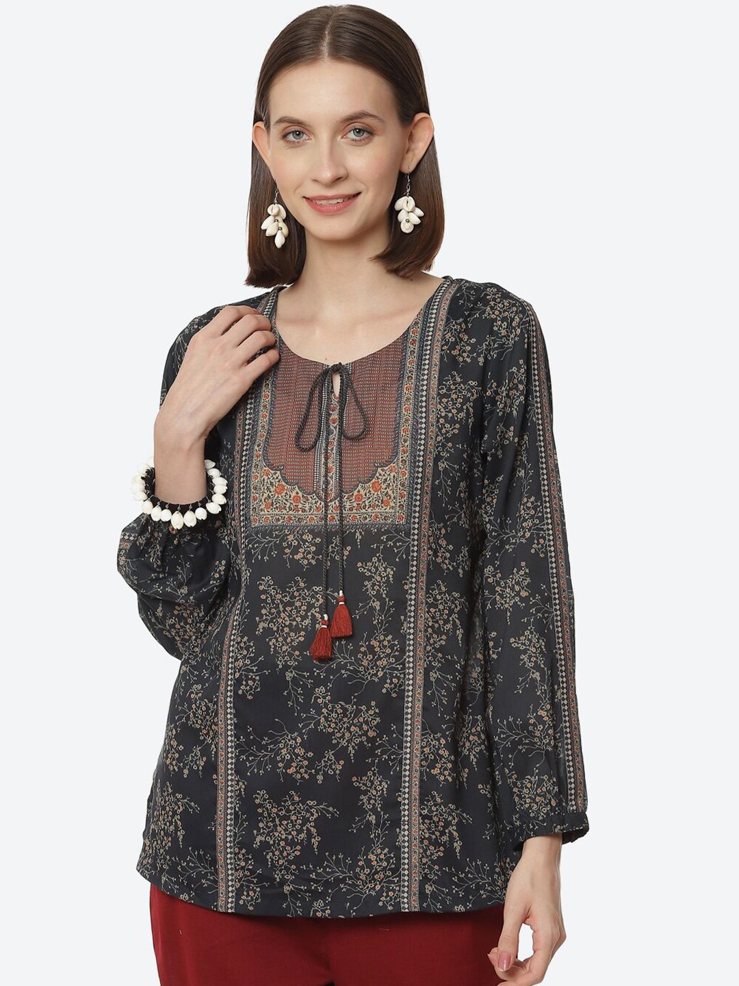 Rangriti Black Printed Tie-Up Neck Top Price in India