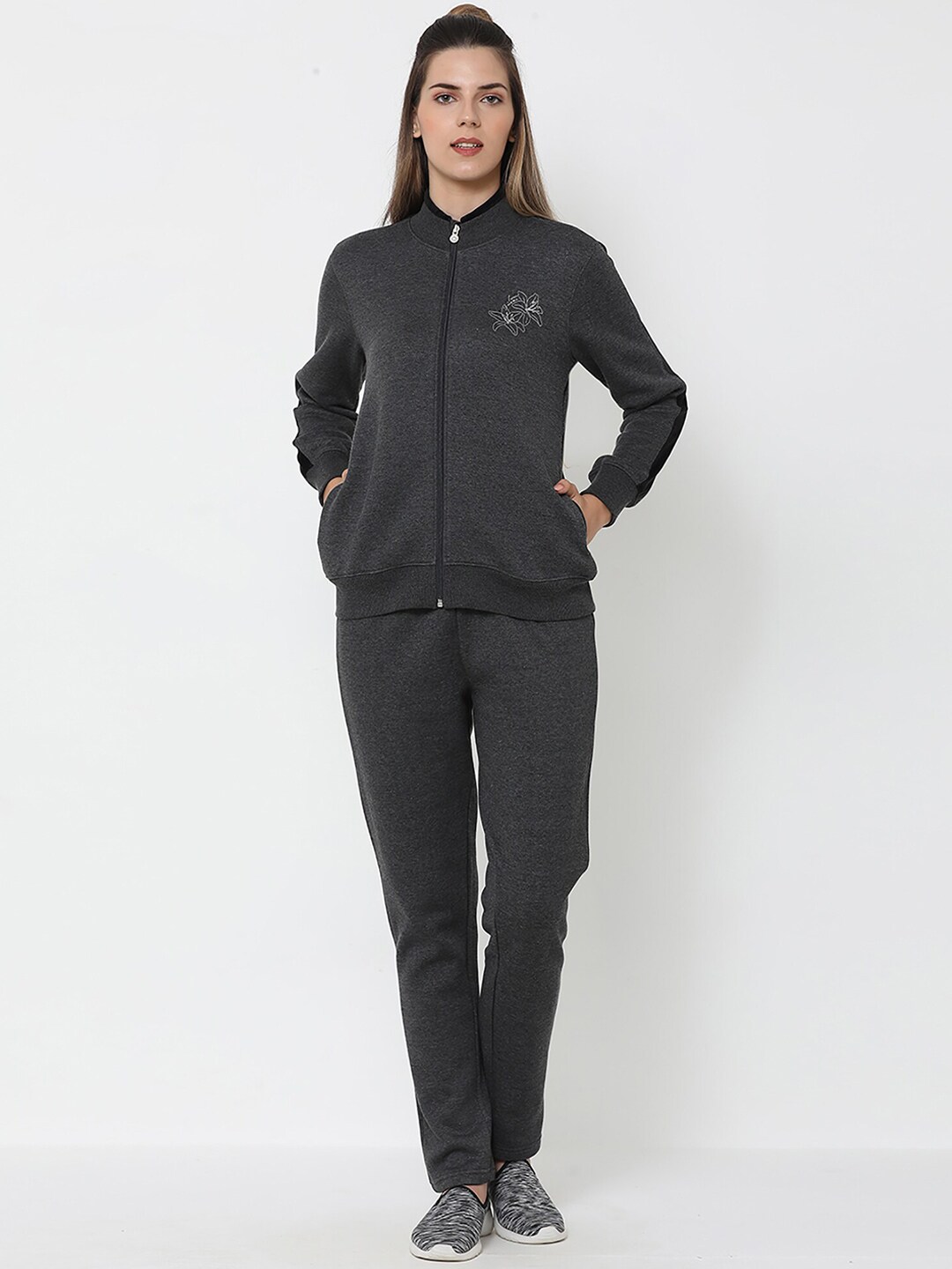 Sweet Dreams Women Charcoal-Coloured Solid Tracksuits Price in India
