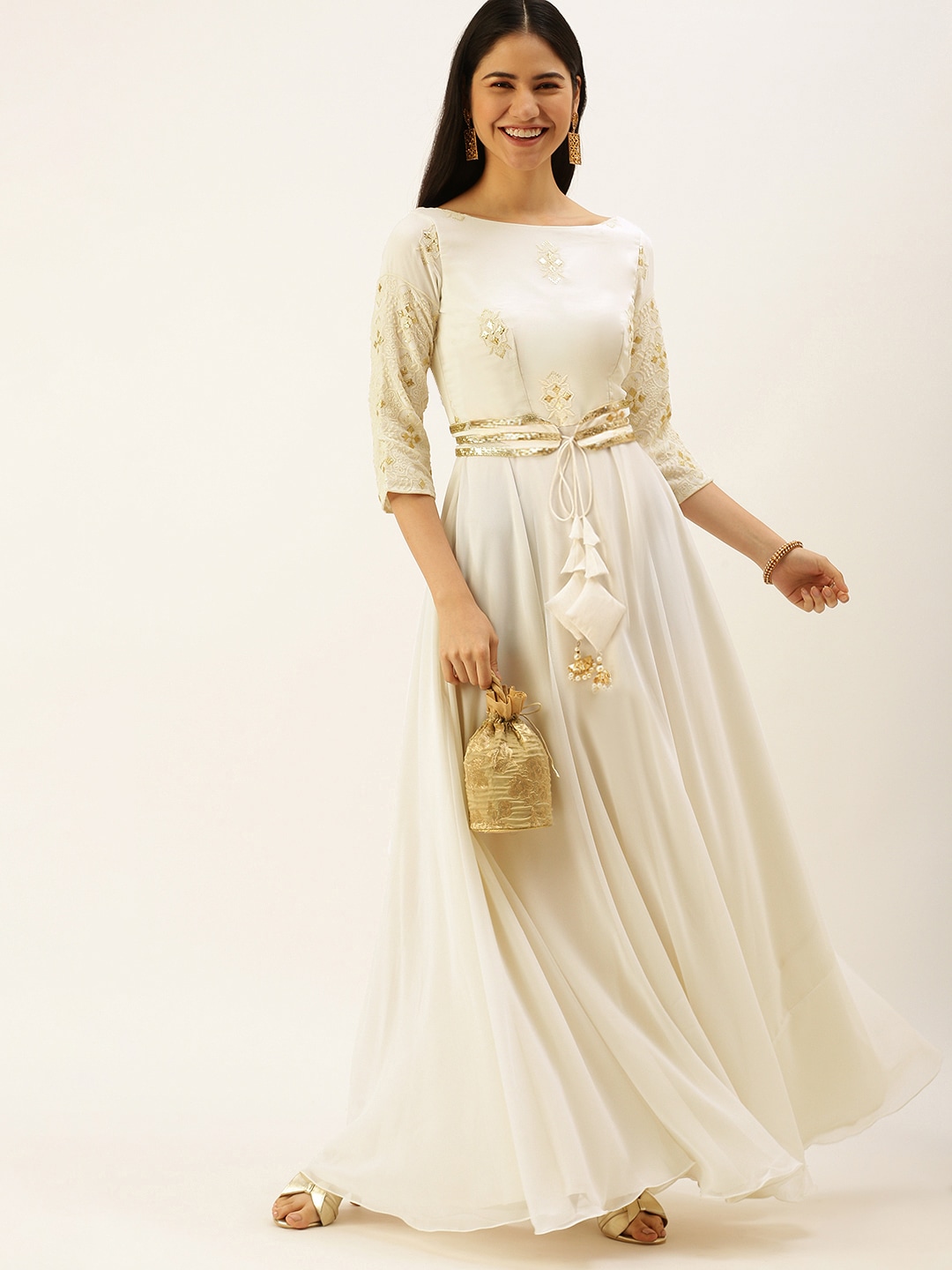 Ethnovog White Embroidered Georgette Ethnic Maxi Dress Price in India