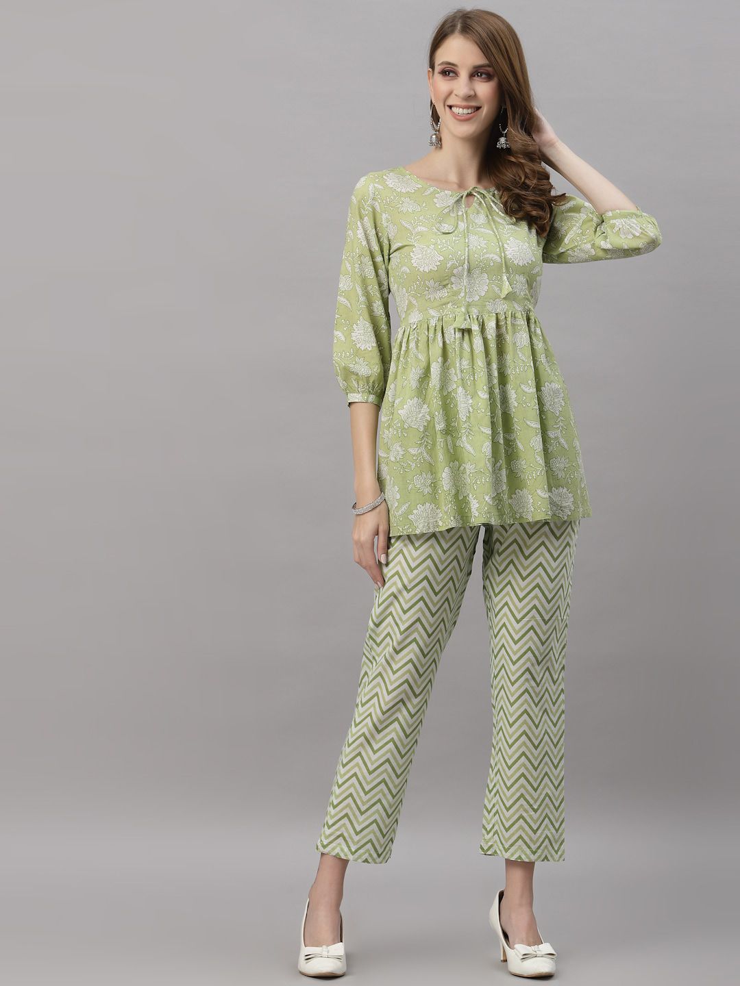 Ragavi Women Green Printed Pure Cotton Peplum Pyjama Set Price in India