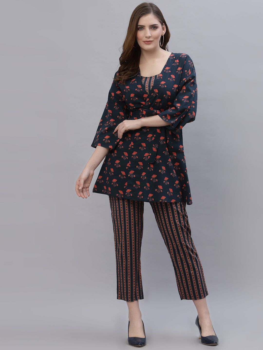 Ragavi Women Navy Blue & Red Printed Pure Cotton Co-Ords Set Price in India