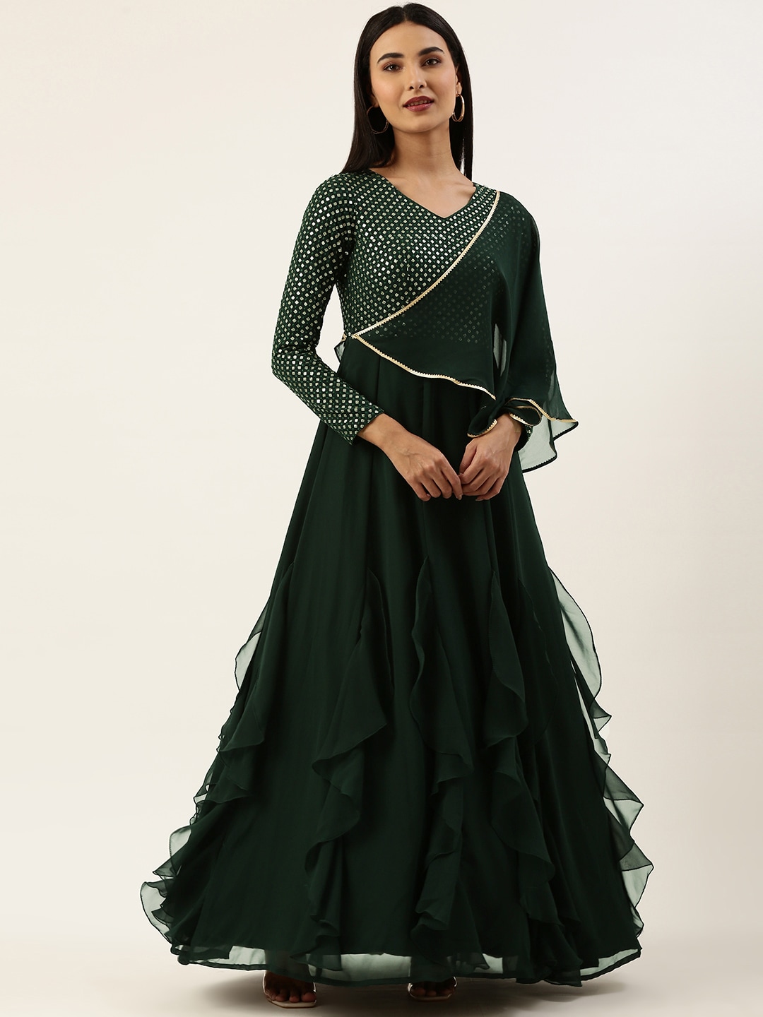 Ethnovog Green Embellished Georgette Maxi Dress Price in India