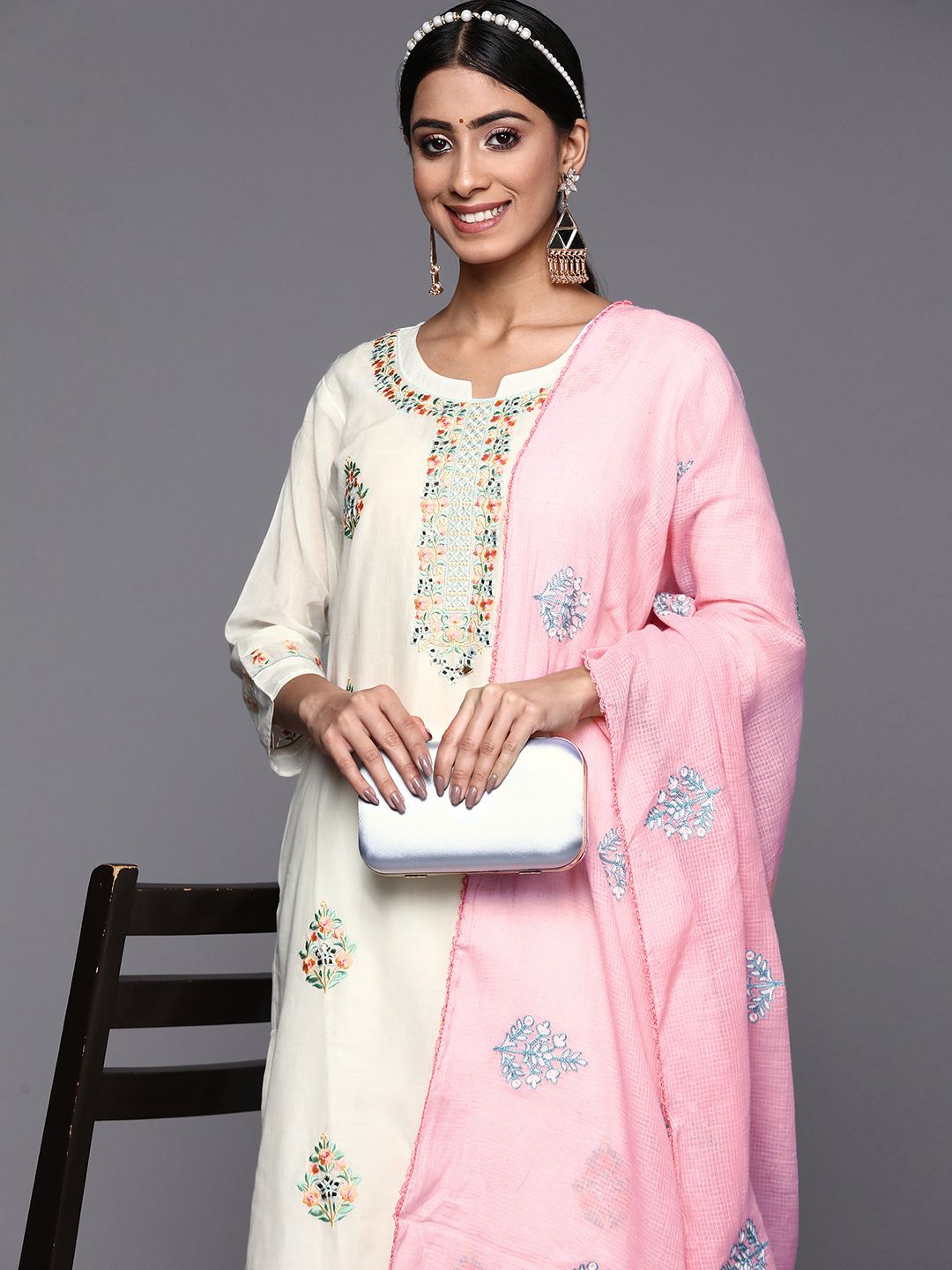 Indo Era Women White Floral Embroidered Thread Work Kurta with Trousers & With Dupatta Price in India