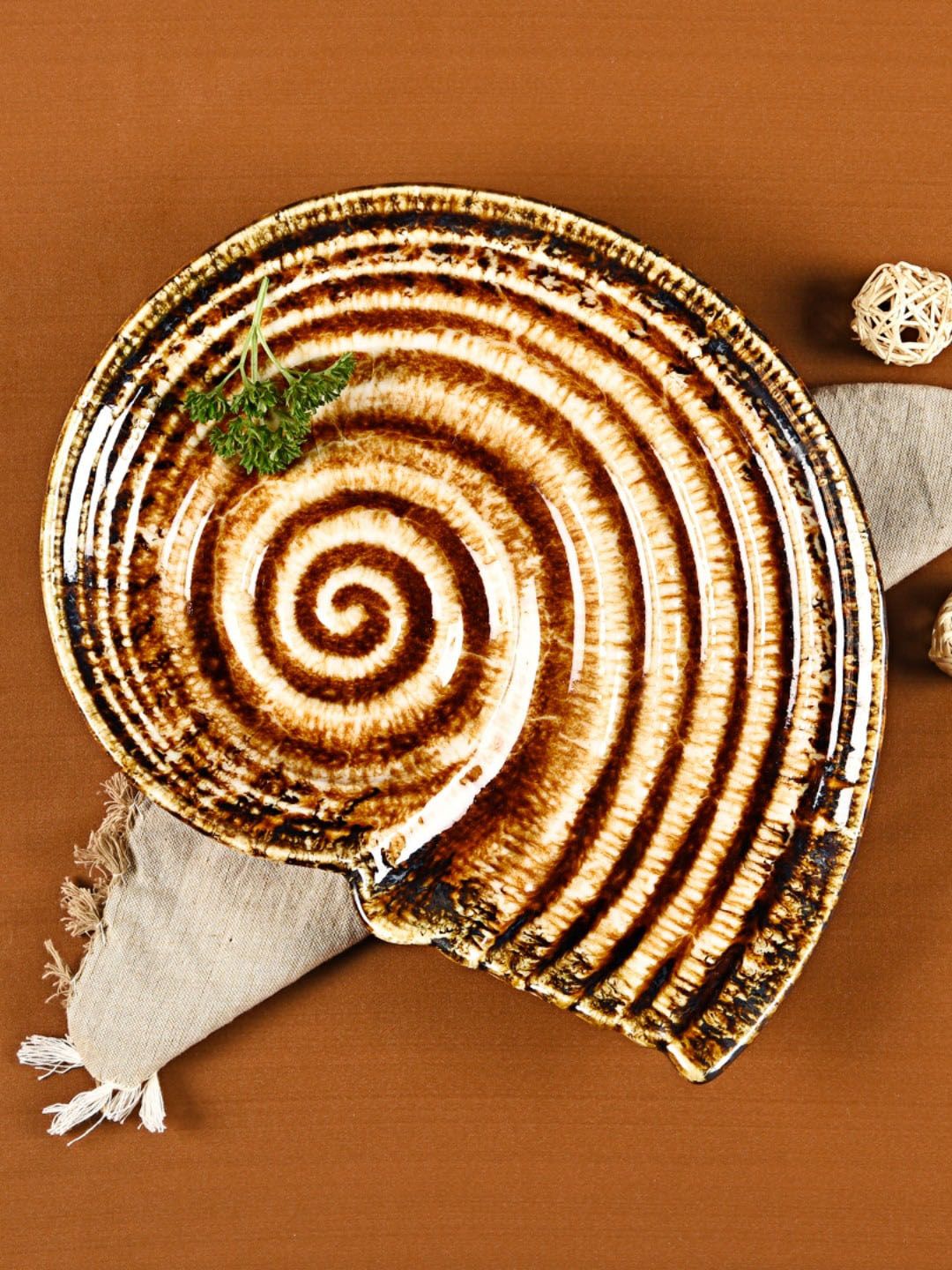 The 7 DeKor Brown Solid Snail Platter Serveware Price in India