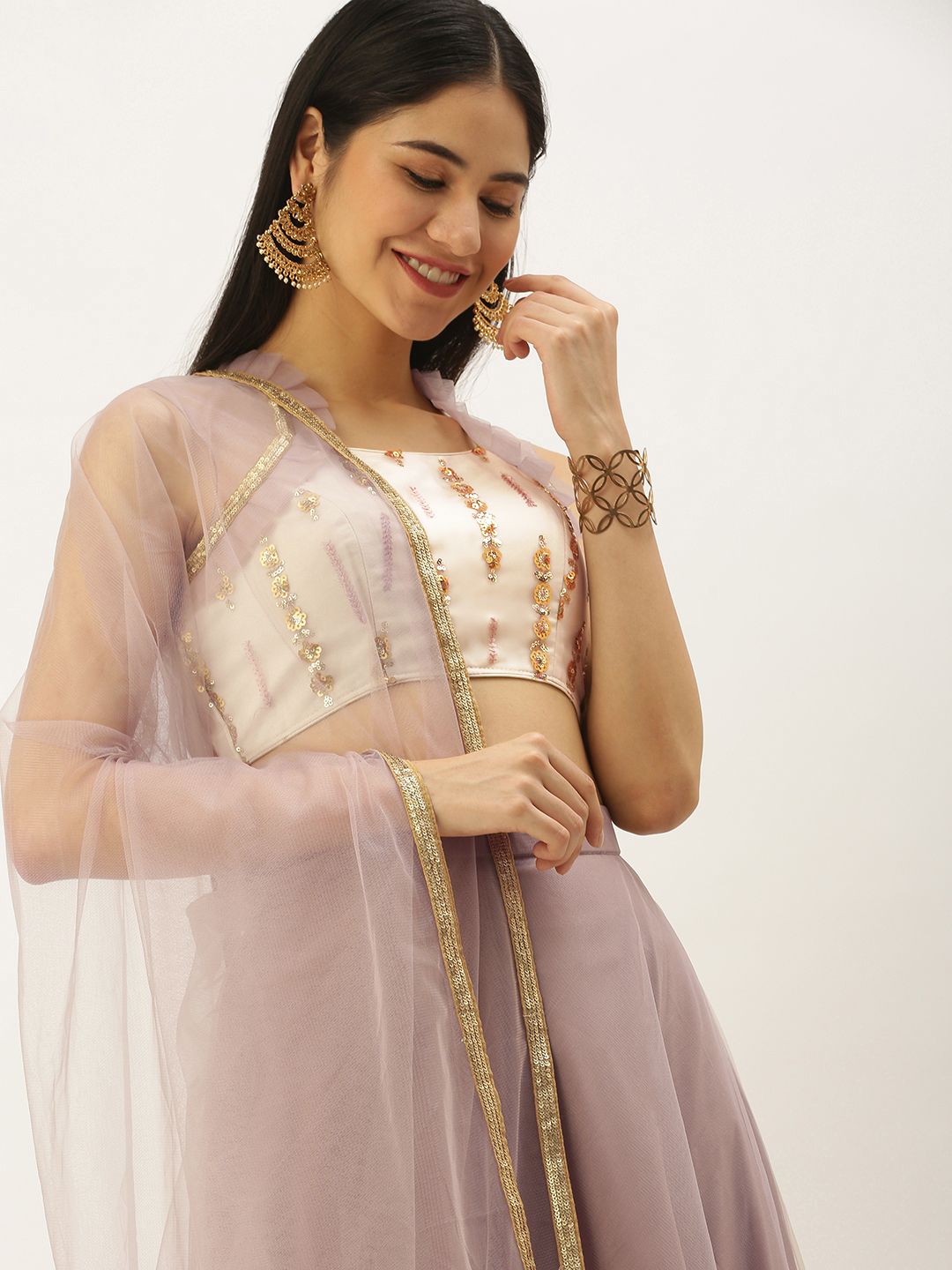 EthnoVogue Mauve & Peach-Coloured Embroidered Thread Work Ready to Wear Lehenga & Blouse With Dupatta Price in India