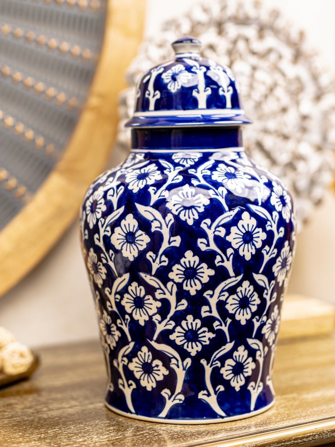 The 7 DeKor Blue & White Printed Mughal Decorative Jar Showpiece Price in India