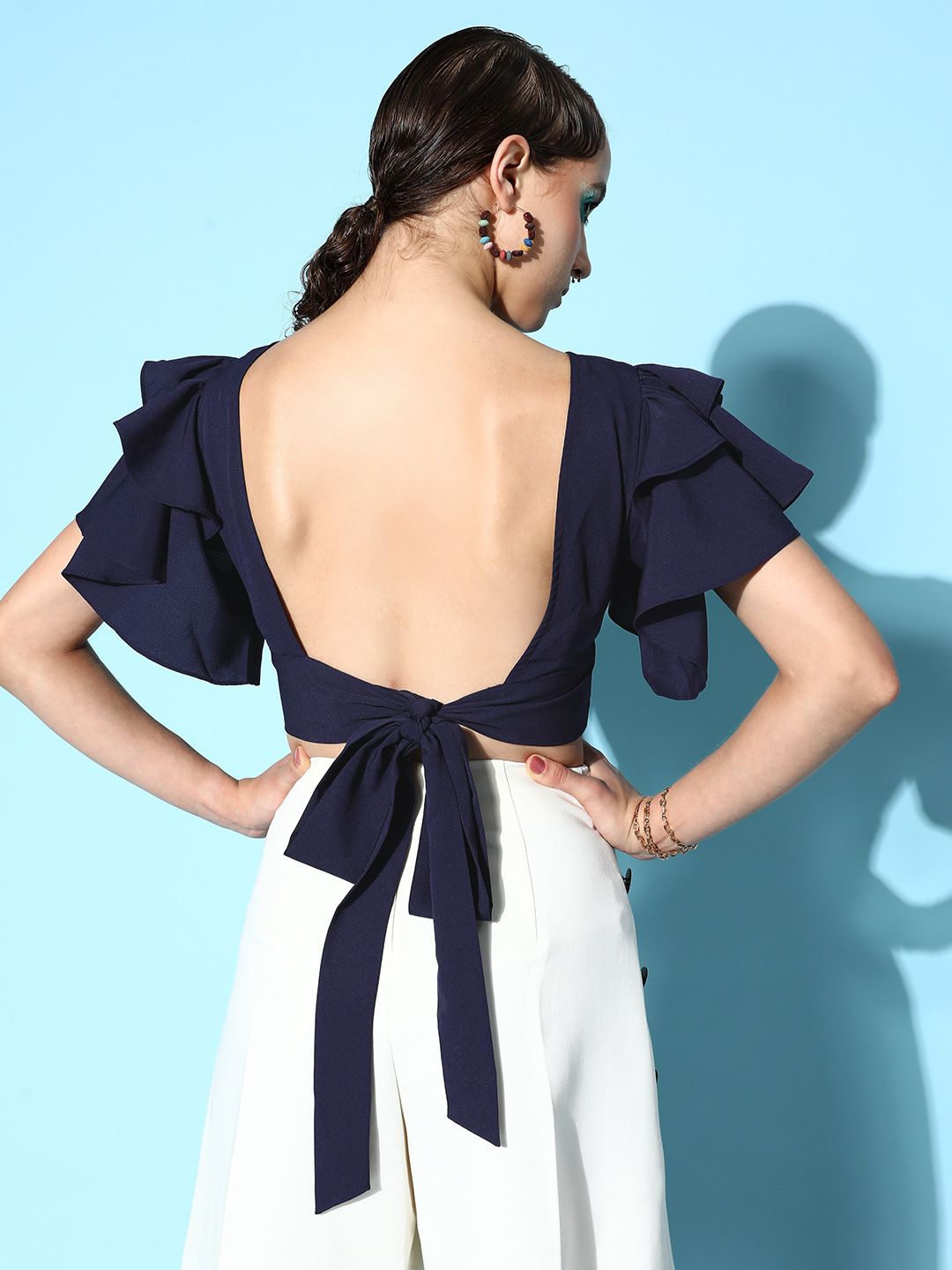 Berrylush Navy Blue Solid Twist & Knot Top Price in India