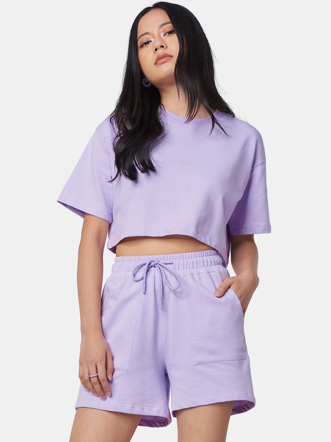 The Souled Store Women Lavender Solid Pure Cotton Co-Ords Set Price in India