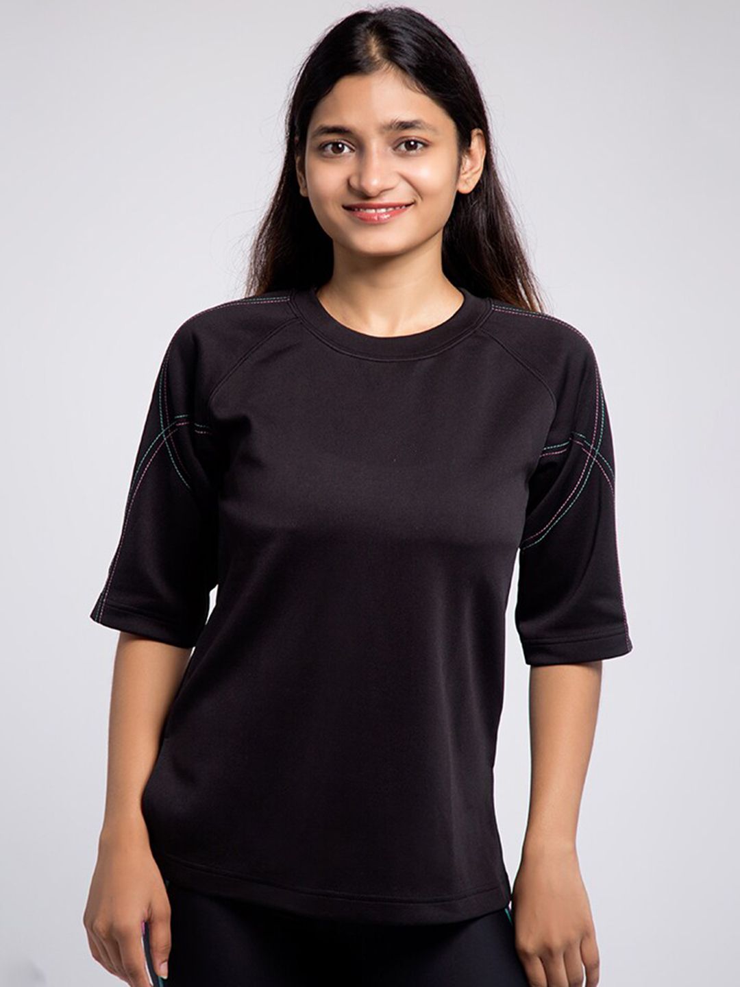 aastey Women Black Solid T-shirt Price in India