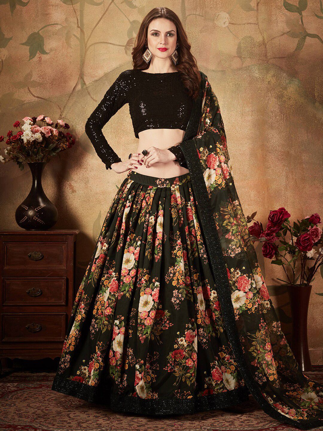 FABPIXEL Black & Green Embroidered Semi-Stitched Lehenga & Unstitched Blouse With Dupatta Price in India