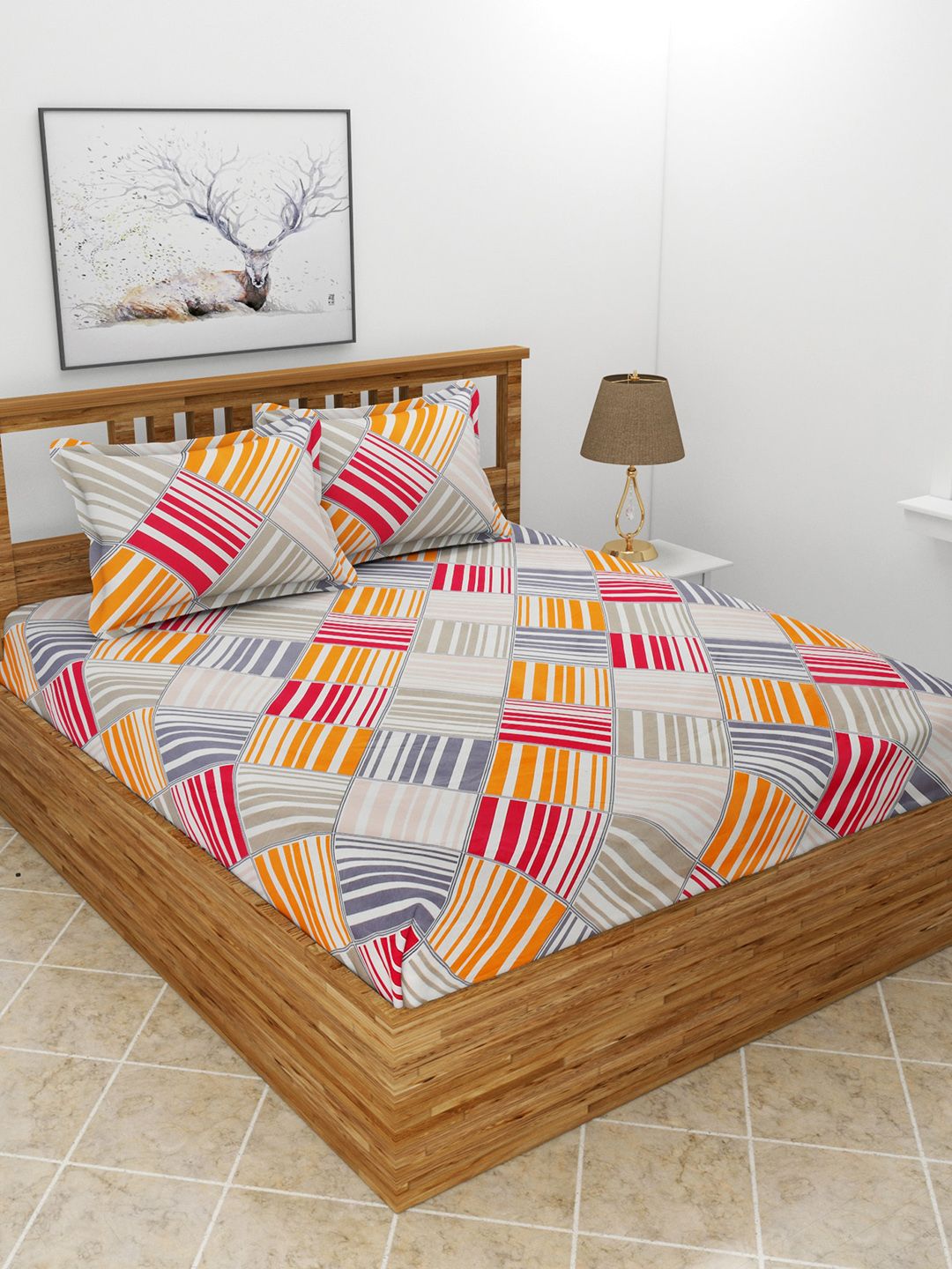 MORADO Grey & Orange Geometric 180 TC Queen Bedsheet with 2 Pillow Covers Price in India